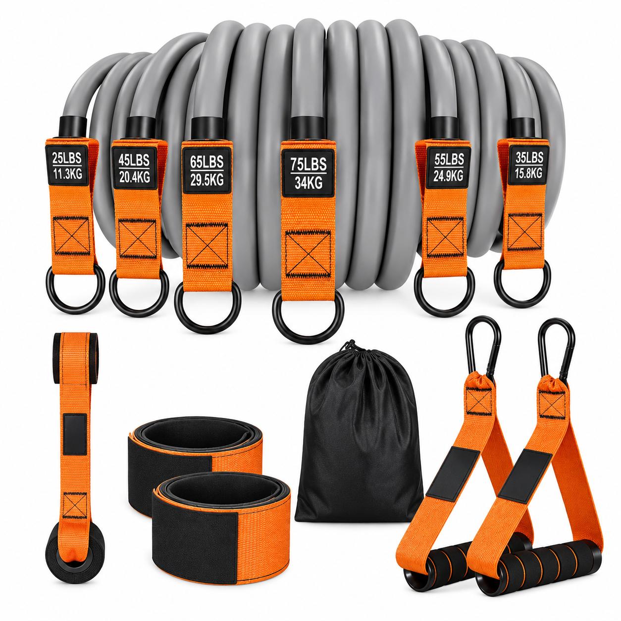 Kit de Bandas de Resistencia 136 kg con Asas, Anclaje de Puerta y Correas de Tobillo | Gimnasio en Casa